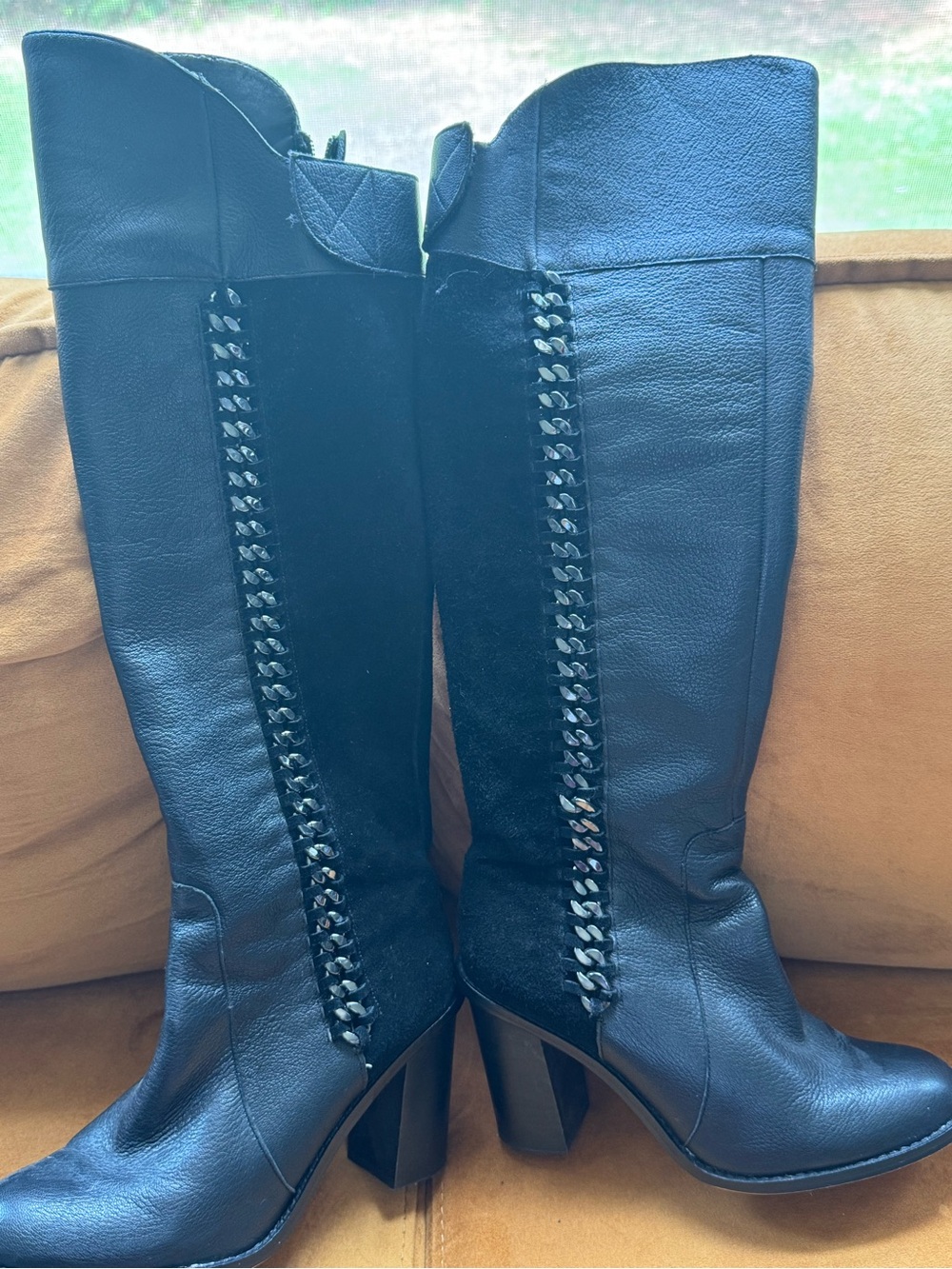 Gianni Bini Black Over-the-Knee Leather Boots with Side Chain Detail